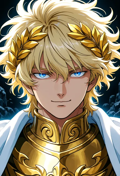 Upbody portrait of an anime-style male character with Symmetrical Eyes, 1boy, male, solo, adult, bright blonde hair, blue coloured eyes, short length hair, loose hair, fluffy hair, looking at viewer, portrait, black background, narrow eyes, soft eerie blue...