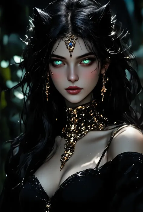 stunningly beautiful woman with the grace and power of a panther, Possessed the striking features of a predator combined with human sensuality. Big, bright intelligent emerald green cat eyes which seem to glow with a feral intensity with slit pupils like a...
