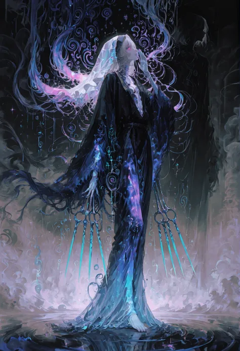 androgynous spectral figure with a slender, elongated body in constant soft vibration, parts of the form slightly duplicated or glitched like overlapping frequencies, wearing a flowing robe made of translucent sonic fabric or smoke, surrounded by faint swi...
