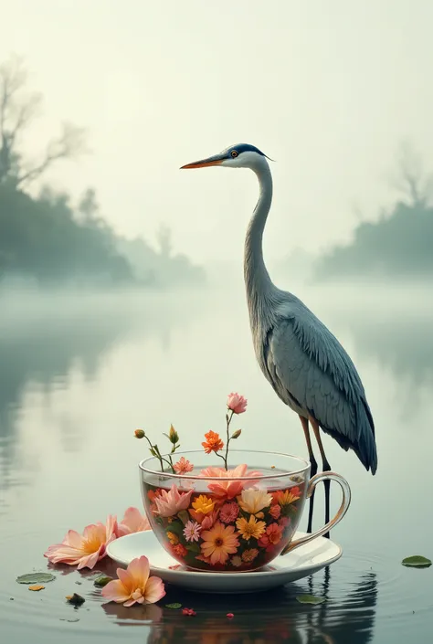 Strange Scenery , heron standing in water , A cup of tea with layered flowers , Following、 featuring multiple exposure effects that evoke melancholy 。all of these、Jerry N . Ullsman and Meret Oppenheim , A beautiful girl integrated with , like, sur...