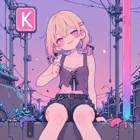 ((Masterpiece)), ((best quality, very aesthetic, absurdres, newest)), (8K), ((wide shot)), ((1girl)), (cute young girl), (Healthy body, Textured skin, small breast, tilt head), Big eyes, ((pale purple eyes, gradient eyes, uneven eyes)), (crossed long bangs...