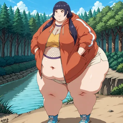masterpiece, best quality,score_9, score_8_up, haylin, 1girl, on the bank of a river, looking down, leaning, full body, standing, slight smile, ass, bent over, hands in jacket pockets, river, forest, trees, sun, clouds, long hair, twin tails, large breast...