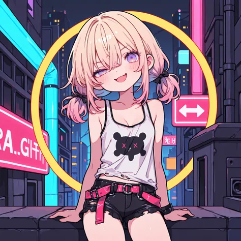 ((Masterpiece)), ((best quality, very aesthetic, absurdres, newest)), (8K), ((wide shot)), ((1girl)), (cute young girl), (Healthy body, Textured skin, small breast, tilt head), Big eyes, ((pale purple eyes, gradient eyes, uneven eyes)), (crossed long bangs...