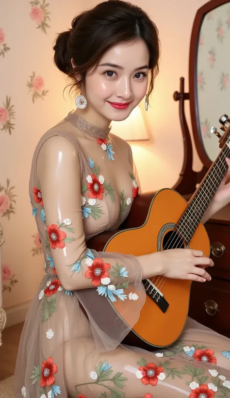 A beautiful elegant woman playing an acoustic guitar in a vintage-style room with soft, warm ambient lighting. She is wearing a stylish, sleeveless floral mesh dress that features large embroidered flowers in red, white, and blue with green leaves on a nud...
