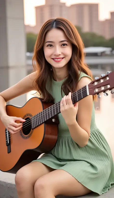 A beautiful woman with long, wavy brown hair is sitting down outdoors next to a concrete pillar during golden hour. She is wearing a light green, sleeveless, pleated mini dress. She is gracefully playing an acoustic guitar, her posture relaxed and focused ...