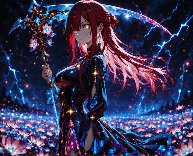 1 girl , golden eyes , very long hair , long sidelocks, red hair ,half updo, petite , very cute , beautiful ,Straight hair, cool, handsome, hair between eyes, sexy, medium breasts, flowery hair, holding a large Scythe, standing next to neon flower, solo, d...