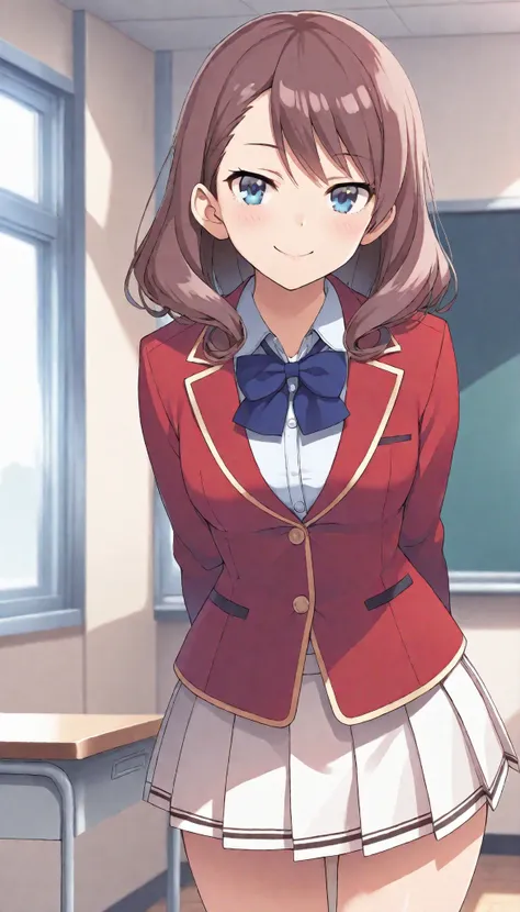  score_9,score_8_up,masterpiece,best quality,correct anatomy,anime_source,1girl,solo,perfect eyes,perfect arms,perfect legs,perfect face,classroom,smile,blush,Sato Maya,long hair,curly hair,brown hair,bangs,blue eyes,glossy lips ,school uniform,red blazer(...
