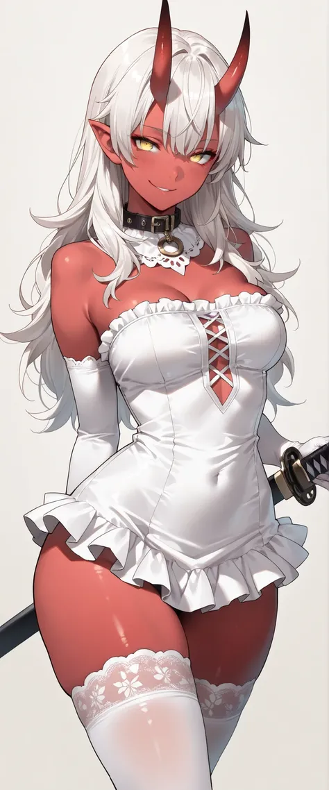 (masterpiece), best quality, expressive eyes, perfect face,1 girl, Oni, horns, pointy ears, long hair, white hair, yellow eyes, hair down,medium breasts, breast expansion,seductive pose, seductive smile, looking at viewer, cowboy shot, ((( Microdress, fril...