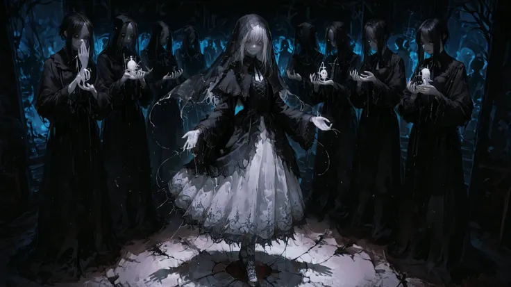 Masterpiece, natural lighting, night, perfect shadows, ray tracing, detailed image, perfect human anatomy, small -sized ghostly figure, around 6 to in appearance, with an eerie porcelain doll-like face, wearing a delicate but disturbing funeral veil and t...
