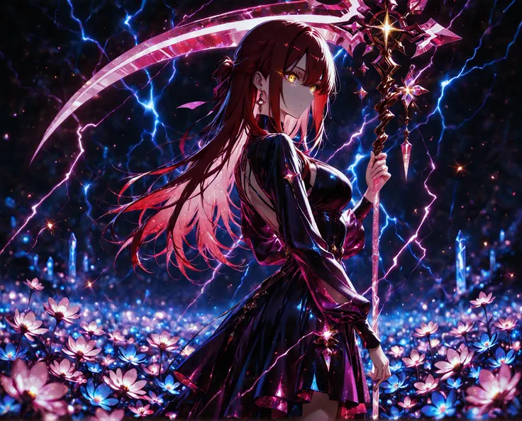 1 girl , golden eyes , very long hair , long sidelocks, red hair ,half updo, petite , very cute , beautiful ,Straight hair, cool, handsome, hair between eyes, sexy, medium breasts, flowery hair, holding a large Scythe, standing next to neon flower, solo, p...