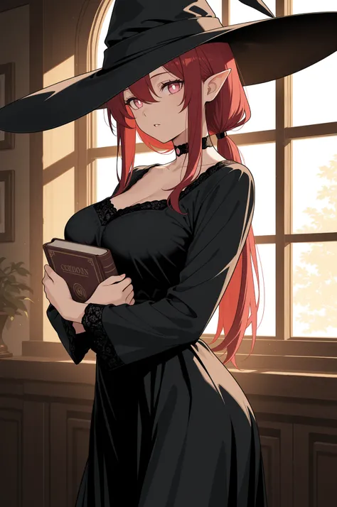 masterpiece, best quality, amazing quality, very aesthetic, safe, cowboy shot, [from side], 1girl, mature female, curious, looking at viewer, parted lips, hugging book, red hair, long hair, straight hair, hair between eyes, low ponytail, pink eyes, white p...