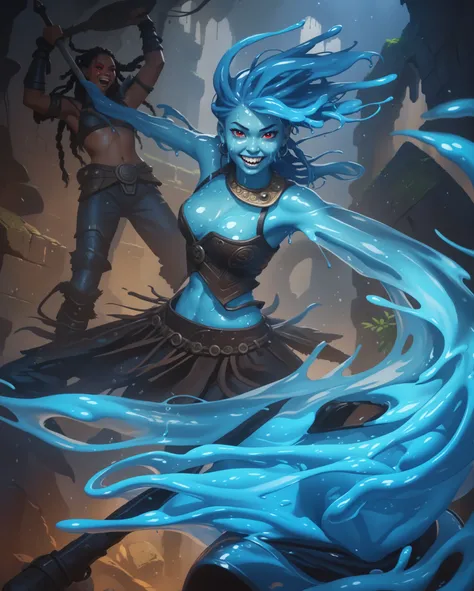 Friendly expression. Slender body. Blue shiny skin. Cute 18-year-old Aztec slimegirl with Asian red eyes and unnaturally sharp teeth and dripping dreadlocks. Dripping slime-body. She has a cute and beautiful face. She has a round and young face with a poin...