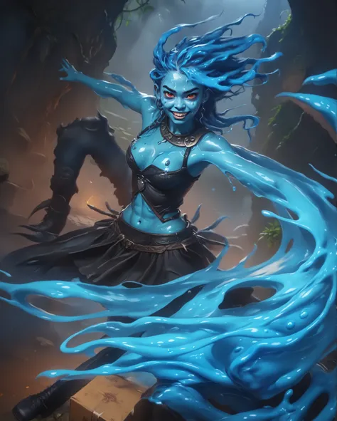 Friendly expression. Slender body. Blue shiny skin. Cute 18-year-old Aztec slimegirl with Asian red eyes and unnaturally sharp teeth and dripping dreadlocks. Dripping slime-body. She has a cute and beautiful face. She has a round and young face with a poin...