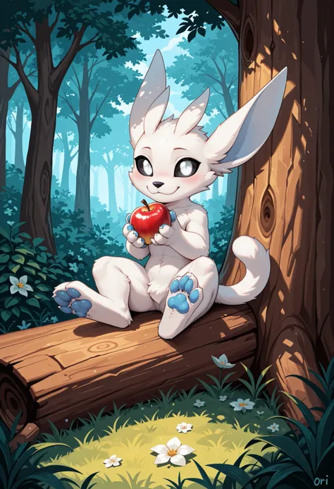 masterpiece, best quality, highres, very aesthetic, absurdres, newest, 1boy, solo, male, furry, ori_il, ori, tail, black sclera, white eyes, paws, feral, chibi, solo, blush, male focus, furry, sitting, looking at viewer, furry male, tree, 1boy, outdoors, p...