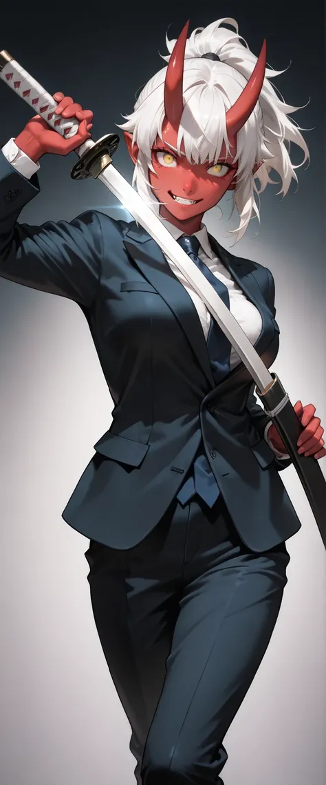 (masterpiece), best quality, expressive eyes, perfect face, ((1 girl)), Oni, horns, pointy ears, short hair, white hair, yellow eyes, Ponytail, medium breasts, breast expansion, seductive pose, grinning, looking at viewer, cowboy shot, ((( Suit, Necktie)))...