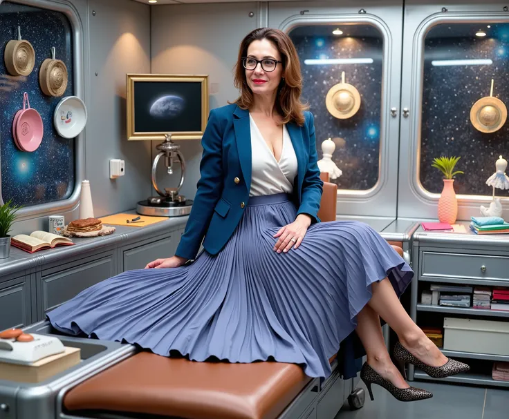  In an interstellar office adorned with vintage charm, a mature therapist, dressed in a crisp uniform jacket and a blouse, reveals her alluring feminine grace. Her long, pleated skirt sweeps dramatically across the metallic floor, each fold a testament to ...