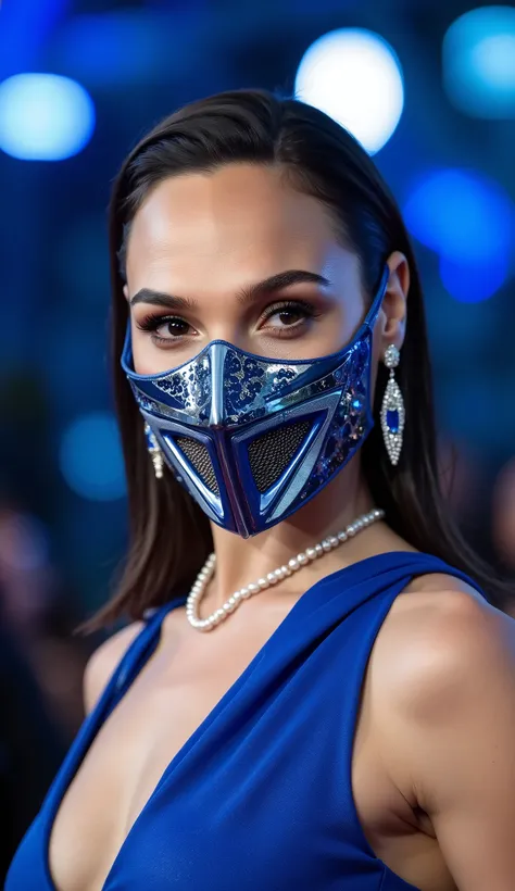 Gal Gadot at a high-profile gala event, close-up portrait, wearing an elegant royal blue haute couture gown with satin textures, adorned with a pearl necklace and sapphire earrings, metallic and reflective Kitana mask from Mortal Kombat covering the lower ...