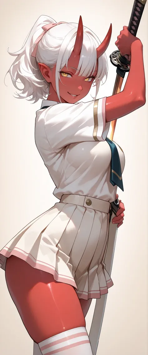 (masterpiece), best quality, expressive eyes, perfect face, ((1 girl)), Oni, horns, pointy ears, short hair, white hair, yellow eyes, Ponytail, medium breasts, breast expansion, seductive pose, seductive smile, looking at viewer, cowboy shot, ((( High scho...