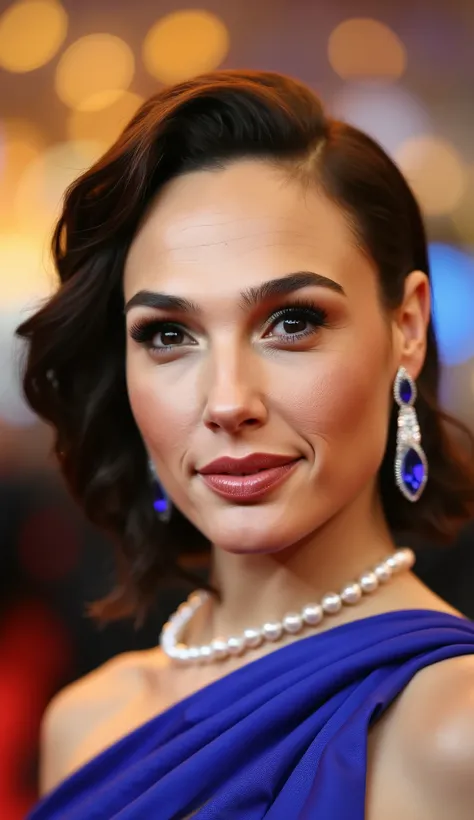 Gal Gadot at an exclusive gala event, close-up portrait, wearing an elegant royal blue haute couture gown with luxurious satin textures, pearl necklace, sapphire blue earrings, warm golden lighting, soft glow on skin, glamorous makeup, elegant updo, red ca...