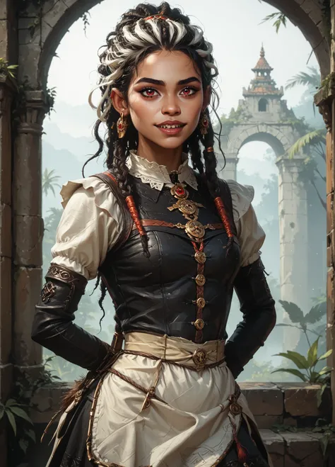 Slender body. White skin. Cute 18-year-old Aztec girl with Asian red eyes and unnaturally sharp teeth and dreadlocks with white highlights. She has a cute and beautiful face. She has a round and young face with a pointy chin. Her body is athletic with abs....