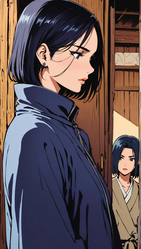 vintage movie, girl, short hair, ((navy hair)), straight hair, woman body, cute earrings, ((dressed like hyuuga neji from naruto)), dutch angle
, hyuga clan, shinobi village, konohagakure, (((perfect lips))), perfect hair, looking down, shy, melancholic, (...