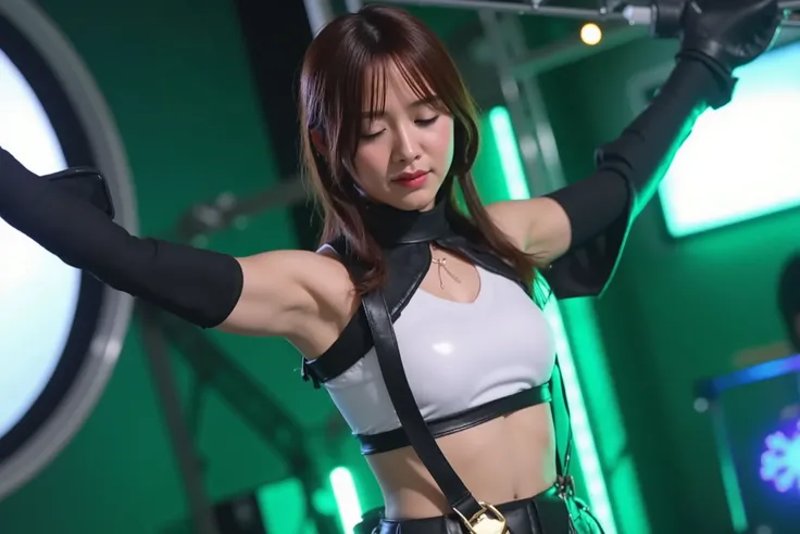 Kasumi Mori is cosplaying for Tifa Lockhart、sexy and adorable beauty Mori Kasumi with long brown hair, She is wearing a short-sleeved white crack top, black leather tight mini skirt and black knee-high socks, brown short boots. 
((Both Arms Restrained、Ahe ...