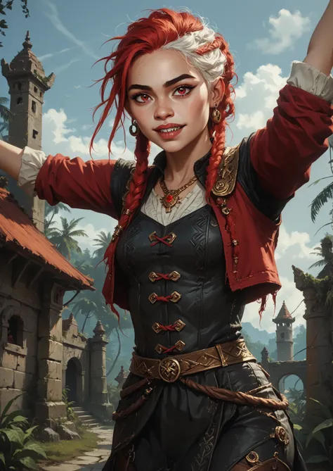 Slender body. White skin. Cute 18-year-old Aztec girl with Asian red eyes and unnaturally sharp teeth and dreadlocks with white highlights. She has a cute and beautiful face. She has a round and young face with a pointy chin. Her body is athletic with abs....