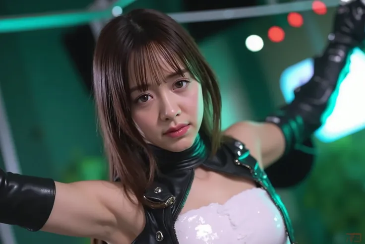 Kasumi Mori is cosplaying for Tifa Lockhart、sexy and adorable beauty Mori Kasumi with long brown hair, She is wearing a short-sleeved white crack top, black leather tight mini skirt and black knee-high socks, brown short boots. 
((Both Arms Restrained、Ahe ...