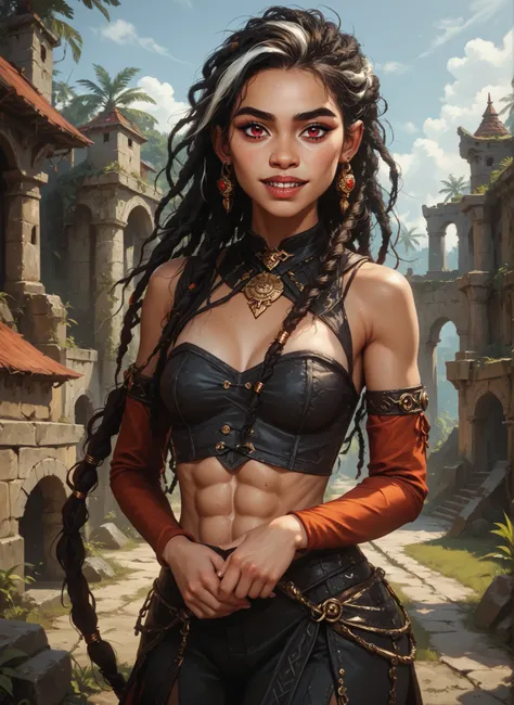 Slender body. White skin. Cute 18-year-old Aztec girl with Asian red eyes and unnaturally sharp teeth and dreadlocks with white highlights. She has a cute and beautiful face. She has a round and young face with a pointy chin. Her body is athletic with abs....