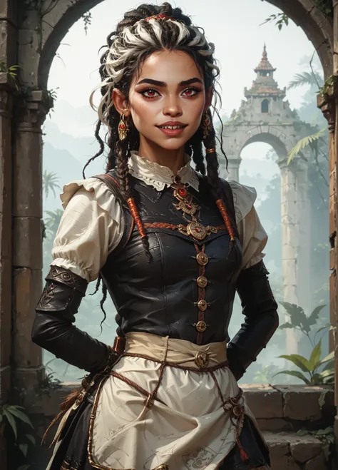 Slender body. White skin. Cute 18-year-old Aztec girl with Asian red eyes and unnaturally sharp teeth and dreadlocks with white highlights. She has a cute and beautiful face. She has a round and young face with a pointy chin. Her body is athletic with abs....