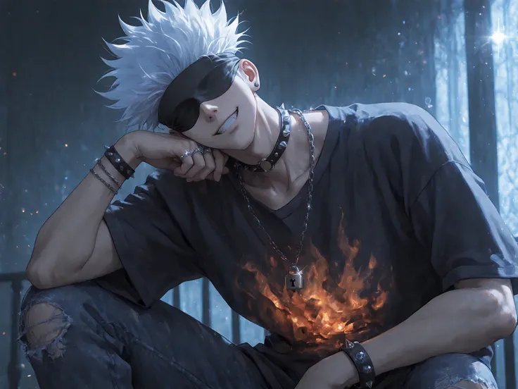 1boy, male focus, gojou satoru, jujutsu kaisen, white hair, ((covered eyes, black blindfold, covered forehead)), handsome, handsome man, sexy man, cool_man_style, cool man, stylish man, handsome man, male cool clothes, cool fashion, intricate clothes, intricate accessories, intricate patterns, cool, stylish, multicolored hair, two-tone hair, streaked hair, fingernails, jewelry, glint, gem, gemstone, chain, spikes, earrings, piercing, ear piercing, spiked choker, o-ring choker, lock necklace, chain necklace, multiple bracelets, chain bracelet, spiked bracelet, studded bracelet, multiple rings, ornate ring, silver ring, short sleeves, t-shirt, collarbone, forearms, flame print, torn jeans, denim, solo, upper body, close-up, head tilt, facing viewer, looking ahead, v-shaped eyebrows, tsurime, eye trail, clenched teeth, smile, grin, hand up, hand on own face, sitting, knee up, leaning forward, arm rest, arm on knee, elbow rest, backlighting, motion blur, day, sunlight, light trail, fire, embers, light particles, indoors, railing, blurry, blurry background, depth of field, blue theme, dark, Glowing_Lights, glowing_light, glowing, glowing_effect, sparkling, particles, sparkle_effect, light_particles, glitter, glitter_effect, bokeh, light_bokeh, light_reflection