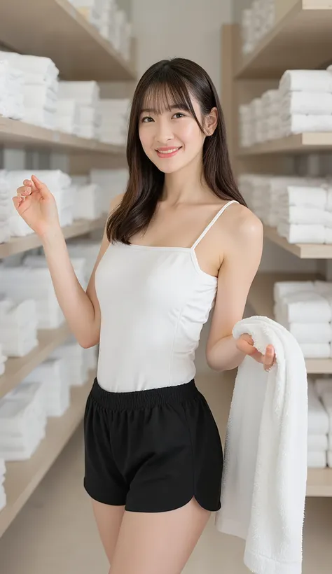 towel shop towel lined up in the background、wearing white tanktop、short black trainer, holding towel smile cleavage