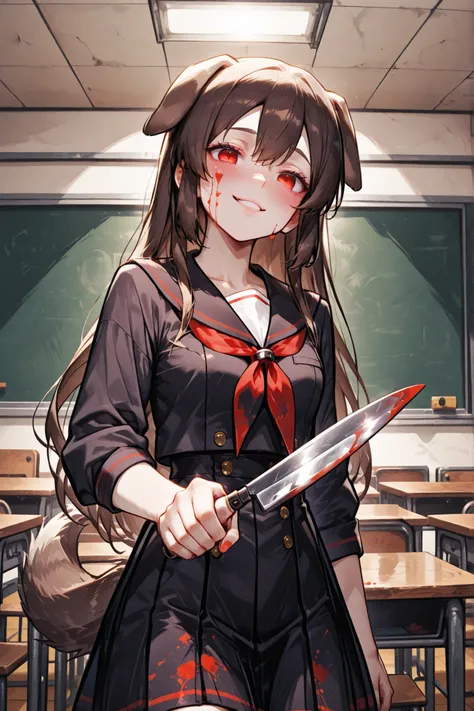 "High Quality", "1girl", "classroom background", "Yandere girl", "Human girl", "Drooped dog ears matching color of hair", "dog ears drooped downward at the sides of her head", "A dog tail matching color of hair", "small canine fangs", "Crimson red eyes wit...