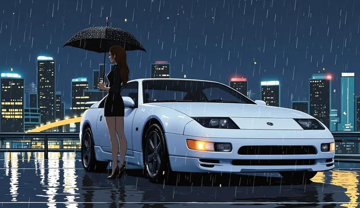 night、it's raining、Nissan 300ZX、Pure white car body、A woman is holding an umbrella next to a car
