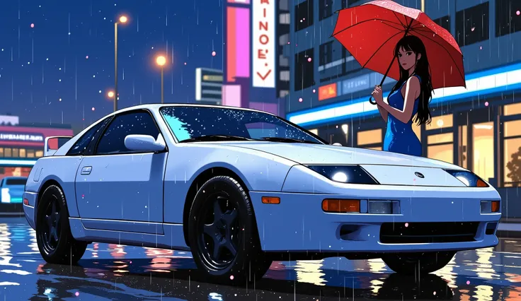 night、downpour、neon、Nissan 300ZX、Pure white car body、A woman is holding an umbrella next to a car