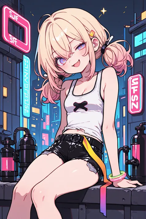 ((Masterpiece)), ((best quality, very aesthetic, absurdres, newest)), (8K), ((wide shot)), ((1girl)), (cute young girl), (Healthy body, Textured skin, small breast, tilt head), Big eyes, ((pale purple eyes, gradient eyes, uneven eyes)), (crossed long bangs...