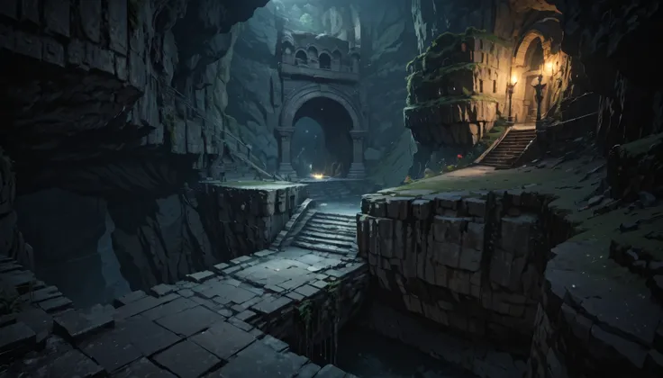 obra maestra, visual novel background, background of dungeons and dragons, dark and damp ruins inside a cave with a cliff on the edge, deep and dark abyss, crypt inside a cave with a cliff on the edge, cracked and broken floors, without humans, aerial view...