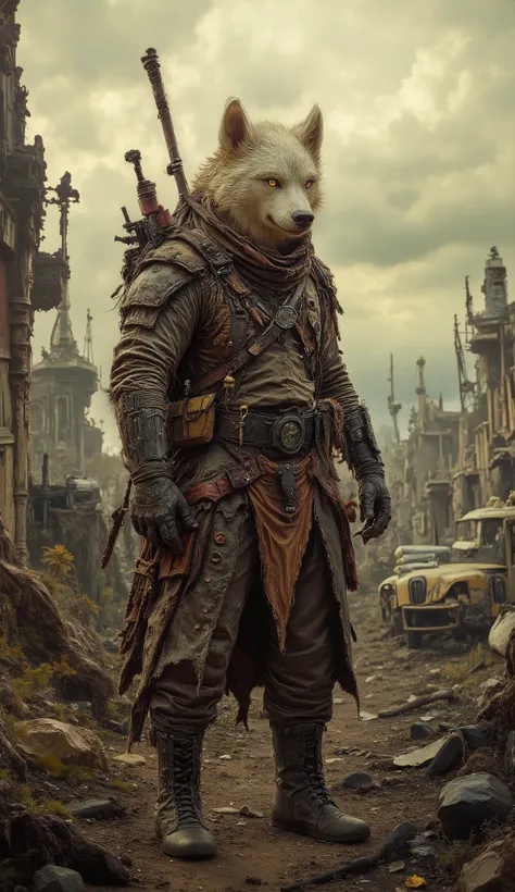 A white anthropomorphic wolf dressed as a survivalist warrior, wearing rugged tactical gear, torn armor pieces, and carrying handmade weapons, standing in a ruined post-apocalyptic city, detailed fur texture, fierce expression, glowing yellow eyes, realist...