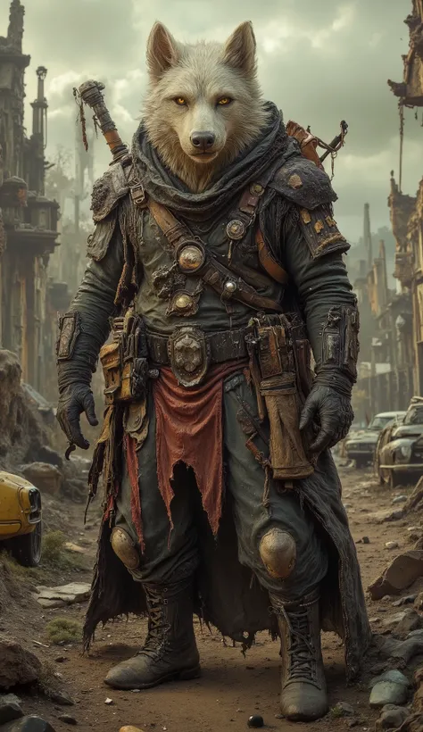 A white anthropomorphic wolf dressed as a survivalist warrior, wearing rugged tactical gear, torn armor pieces, and carrying handmade weapons, standing in a ruined post-apocalyptic city, detailed fur texture, fierce expression, glowing yellow eyes, realist...