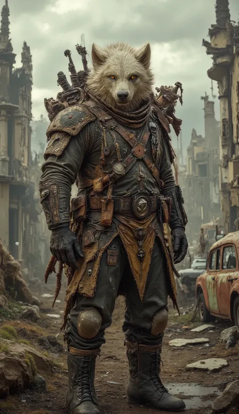 A white anthropomorphic wolf dressed as a survivalist warrior, wearing rugged tactical gear, torn armor pieces, and carrying handmade weapons, standing in a ruined post-apocalyptic city, detailed fur texture, fierce expression, glowing yellow eyes, realist...
