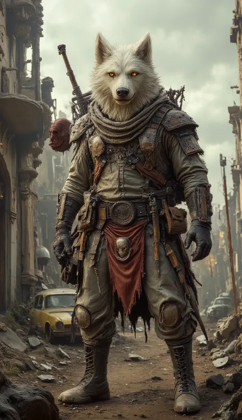A white anthropomorphic wolf dressed as a survivalist warrior, wearing rugged tactical gear, torn armor pieces, and carrying handmade weapons, standing in a ruined post-apocalyptic city, detailed fur texture, fierce expression, glowing yellow eyes, realist...
