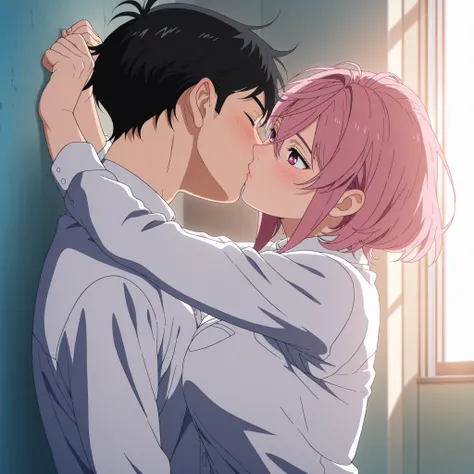 (best quality,4k,8k,highres,masterpiece:1.2),ultra-detailed,realistic,,anime,pastel colors,soft lighting,shiny skin, posing, ,soufrie, aira shiratori , ( with older boy) (black haired boy, (aira shiratori, short hair, bangs, hair between eyes, pink hair, p...