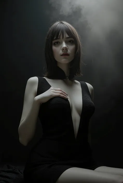high detailed picture, realistic style, masterpiece, dark room, nightmare, ghostly girl, dark smoky atmosphere, moody lighting, very young girl, small perfect breasts, torpedotits, (thin, slender, narrow shoulders and hips, anorexic girl, slender legs and ...