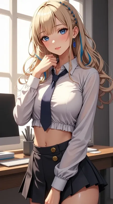  (obra maestra,  computer, mejor quality,  Clear focus, shadow, anime-style, Resolución ultra alta, 8K, perfect anatomy, perfect face, (detailed face), (  Detailed eye  ), score_9, score_8_above, score_7_above, score_6_above, score_5_above, score_4_above,  source _animated, Label 1, Label2, quality_obra maestra, anatomically correct, beautiful face, perfect face, Beautiful and highly detailed face and eyes, Attractive face, detailed face, delicate facial features, detailed skin, huge breasts, breast size cup D or DD, wide hips, gigantic butt, thick thighs. looking at the spectator. Anime-style illustration of a beautiful woman with an elegant and sensual look. A young anime-style woman with long hair, straight and blonde with light blue highlights, combed with a braid that surrounds her head. She has big blue eyes and a bright expression with blushed cheeks. Wear a white fitted semi-open shirt that reveals a large part of your abdomen and neckline, with a loose navy tie. She wears a short black skirt with high waist with gold buttons and elegant details. She is standing in a modern office with a desk behind her, which has a calculator, stacked papers and a screen. La iluminación proviene de una ventana que proyecta shadows suaves en la habitación.