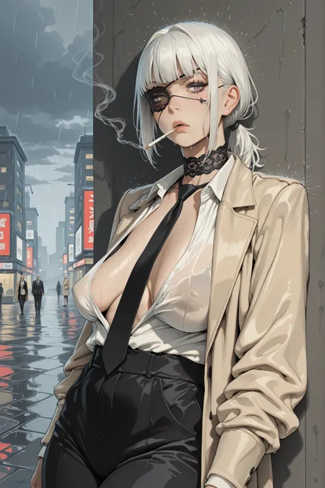 1 milf woman, white hair, eyes, bangs, short low ponytail, black lace eye patch, lace choker, voluptuous, sagging apart breasts, white shirt, black tie, beige coat, black pants, look at viewer, city, rain, leaning back against wall, smoking