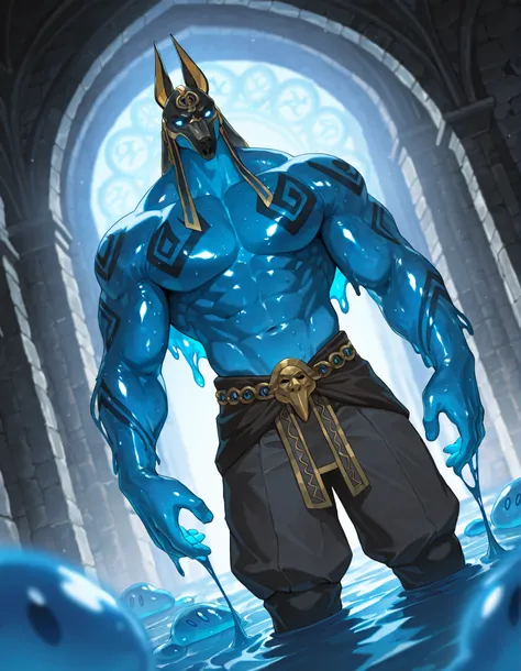 Expressiveh, cold stare, solo male, hungry, score_9, score_8_up, score_7_up, slime short hair, body made of slime, muscular, giant, goliath, slime of a brilliant turquoise blue tone, source_anime, haughty, slime in a form of a man, dark buggy pants, athlet...