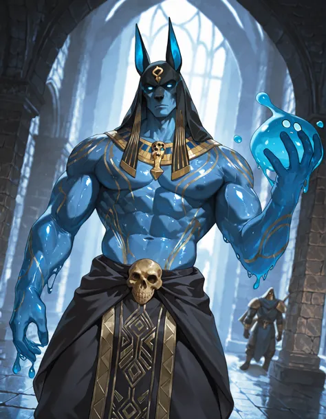 Expressiveh, cold stare, solo male, hungry, score_9, score_8_up, score_7_up, slime short hair, body made of slime, muscular, giant, goliath, slime of a brilliant turquoise blue tone, source_anime, haughty, slime in a form of a man, dark buggy pants, athlet...