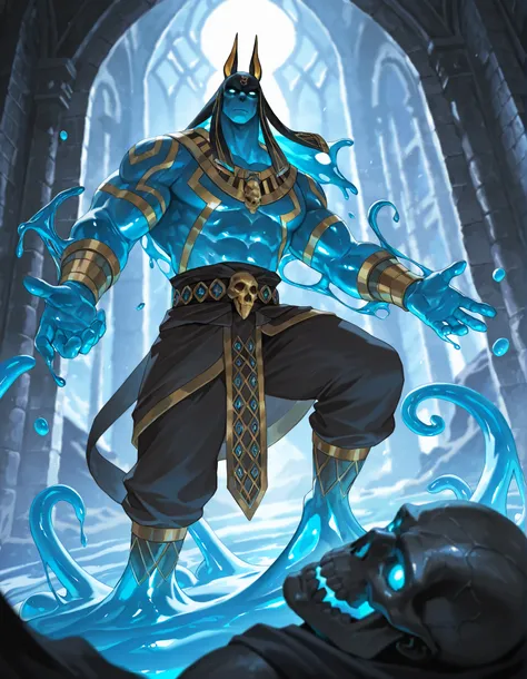 Expressiveh, cold stare, solo male, hungry, score_9, score_8_up, score_7_up, slime short hair, body made of slime, muscular, giant, goliath, slime of a brilliant turquoise blue tone, source_anime, haughty, slime in a form of a man, dark buggy pants, athlet...