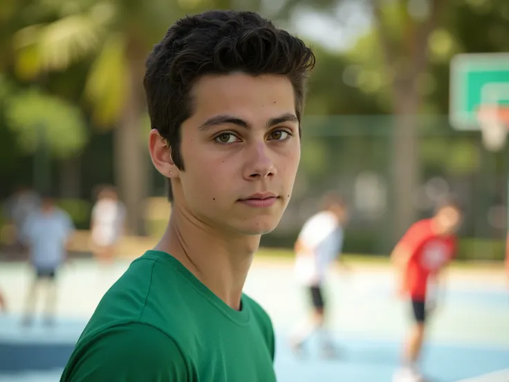 A charming young male and clearly with ((16 anos)), meio corpo, camera 50mm, with dark brown hair, curto e vibrante, and big brown eyes perfect and shiny.  he wears a green t-shirt. In the background a blur, natural lighting with Miami sunlight on a basket...