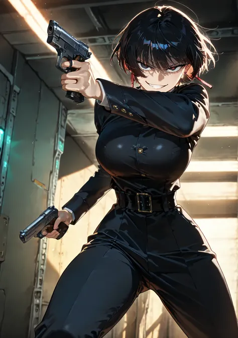 (anime coloring),(anime style),(masterpiece:1.2), (best quality:1.2), (very aesthetic:1.2), (absurdres:1.2), (detailed background:1.2),(newest),(highly detailed),(dynamic lighting), kagari hiyuki (kagurabachi),1girl, kagari hiyuki, black hair, short hair, ...